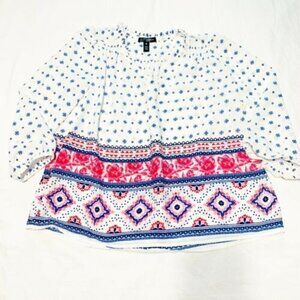 AQUA Ruffle V-Neck Blue Floral 3/4 Sleeves Blouse